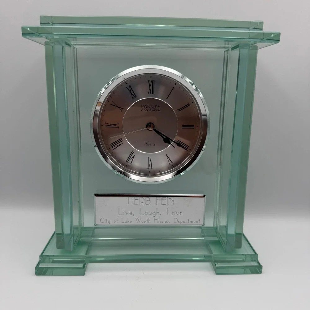 Danbury Clock Company Glass Mantel‎ Clock Quartz Desk Clock Engraved Herb Fein